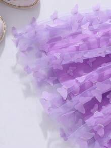 Young Girl Ribbed Cap Sleeve Butterfly Mesh Elegant Summer Dress With Belt - Purple - View 7