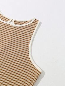 Top sin mangas de punto acanalado con estampado de rayas - Marrón - Ver 6