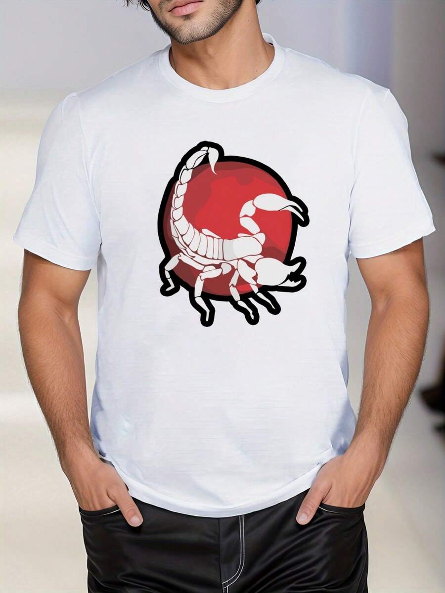 Men's Mysterious Style Fun White Scorpion Pattern T-Shirt, 1 PC 220gsm Round Neck Casual Heavy Pure Cotton T-Shirt - White - View 1