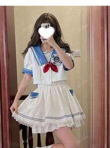 Gotea Girl's Sailor Uniform Set, Blue Navy Academy Style Short Sleeve Summer Set (Comes With Tie)