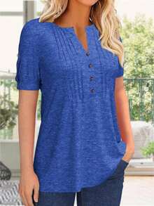 Women's Zipper Summer Pleated Button Short Sleeve T-Shirt Summer V-Neck Solid Color Casual Top - djupblå - Visa 2