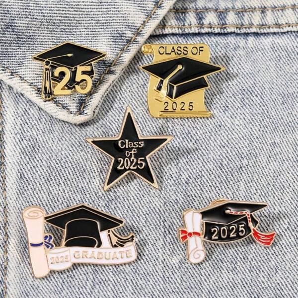 5pcs 2025 New Graduation Season Enamel Brooches Creative Flower Bachelor's Hat Lapel Pin Badge Friends Jewelry Gifts