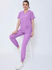 (Four-Piece Set) Scrubs Uniform Women's Running Matte Elastic Sports Nurse  Uniform Wash Clothes Work Clothes Breathable Scrub Shirt - 淡紫色 - 查看 10