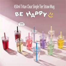 Tritan Clear Travel Insulated Mug - Leak Proof Straw Mug For Coffee And Foam Tea With Straw Brush, 16 Oz. Dishwasher Friendly.