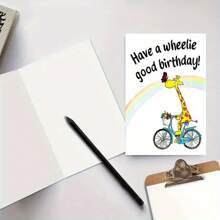 1 cartão de aniversário de girafa com envelope, design "Tenha um bom aniversário em Wheelie" com arco-íris e flores, perfeito para família, amigos, colegas e vizinhos, adequado para qualquer ocasião de aniversário, decoração de girafa