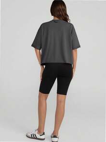 QUEENTI Women's Loose Breathable Yoga T Shirt Running Sports Corset Fitness Top - 深灰色 - 查看 2