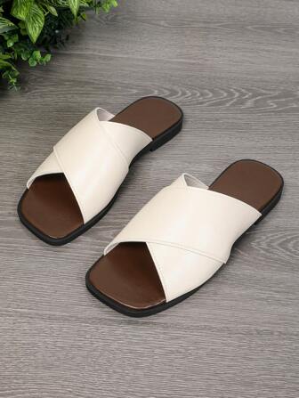 Sandalias planas de mujer con punta cuadrada, unicolor de moda en piel de PU con diseño hueco, para uso al aire libre, primavera/verano