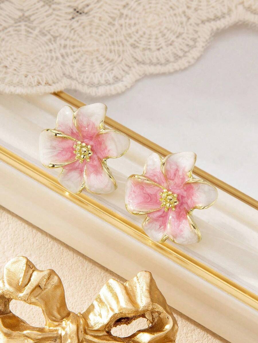 1 Pair Retro Elegant Gradient Flower Enamel Clip Earrings, 3D Delicate Design, Gentle Vibe Suitable For Office Ladies, Holiday Events, Women's Gift - 粉色 - 查看 1