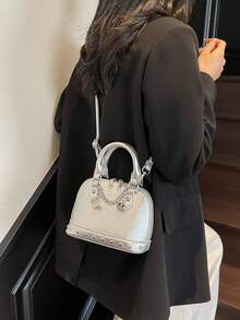 1 szt. Modny srebrny materiał PU nit łańcuchowy dekoracyjny regulowany pasek muszla torba, damska Y2K Punk Style Mini torebka na ramię, odpowiednia do estetyki tysiąclecia, akcesorium na imprezę taneczną - Srebro - Zobacz 5