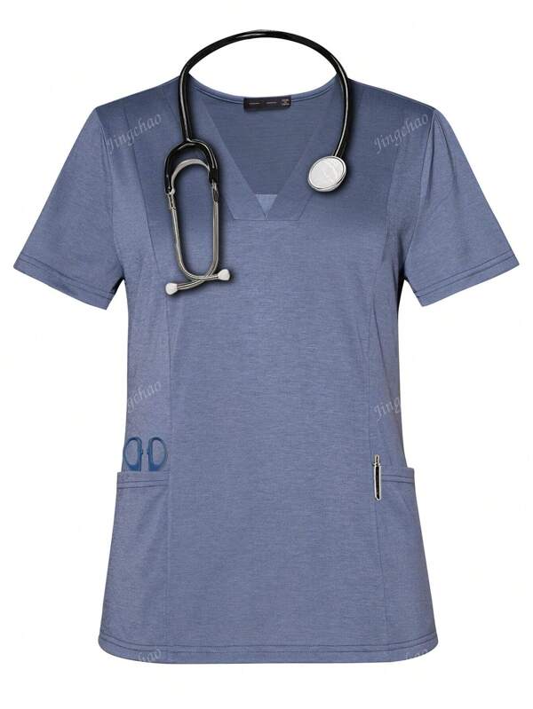 Women's Plain V-Neck Scrub Short Sleeve Nurse Uniform Tops With Pockets For Spring & Summer