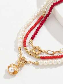 3pcs/Set Unique Vintage Handmade Woven Necklace, Mixed Seashell & Faux Pearl Pendant Necklace Sets For Women - Multicolor - View 2