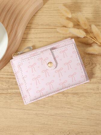 Pink Bow Love Pattern Buckle Fashion Card Holder Slim Lightweight Portable Cash Money ID Card Credit Card Coin Pocket For Birthday Gift Gift Anniversary Christmas On Valentine Day Lover Female Lady Girls Women Teenagers For College Student School Student,Bag School Supplies For School Dorm Room & Back To School