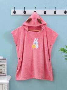 1pc Coral Fleece 3D Ear Embroidered Rabbit Hooded Bathrobe, Loungewear, Robe, High-End, Casual, Suitable For Bathing, Pool, Gift - Pink - View 10