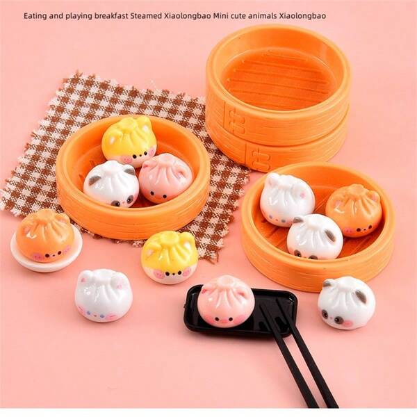 1pc Miniature Steamer Basket With Cute Animal Shaped Buns, Decorative Ornament, Home Decor, Birthday Gift