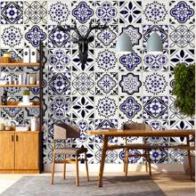 Papel tapiz de azulejos de cerámica azules autoadhesivos, pegatinas de azulejos bohemios, azulejos de adhesivo fácil de aplicar para cocina, baño, dormitorio, papel de contacto impermeable para pisos