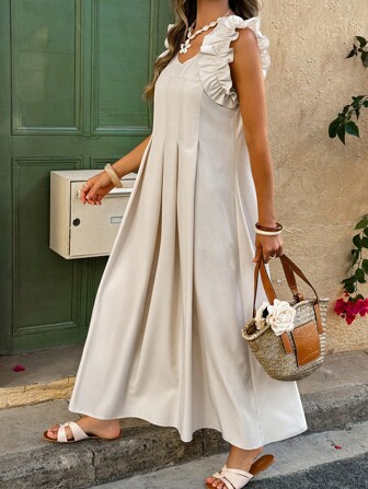 女士褶皱 A 字形荷叶边袖长裙