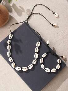 1 Set Original Design Shells Necklace Bracelet Natural Seashells Knit Chain Rope Girl Choker Bracelets Jewelry Gift Adjustable - Black - View 6