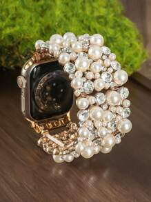 1pc Pearl Diamond Watch Band Stylish Unique Elastic Strap For Men Women Compatible With Apple Watch 38mm To 49mm Watch Band Perfect For Weddings Vacations Graduation And Back To School Gifts