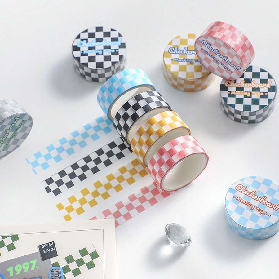 Ruban Washi de la série Damier de 300 cm, autocollants en papier DIY à damier frais, fournitures de papeterie créatives, retour à l'école - 1 volume - Voir 1