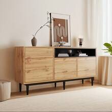 Modern Wooden Sideboard With 3 Doors And Shelves, 160x35x76 Cm, Adjustable Shelves, Space-Saving Design, Easy Assembly, Black Wood Veneer - Brown - View 1