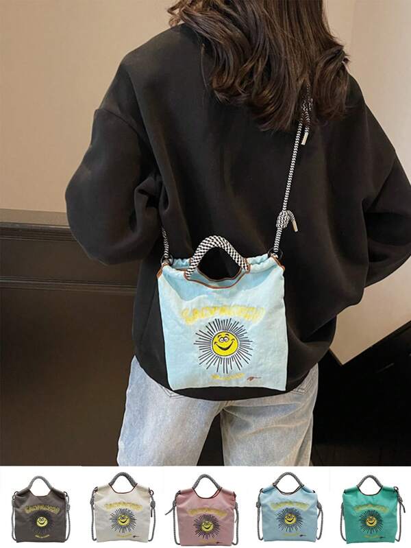 Japanese Style Embroidered Tote Bag, Nylon Fabric Handbag, Phone & Coin Pouch, Casual & Versatile Shoulder Crossbody Bag For Women