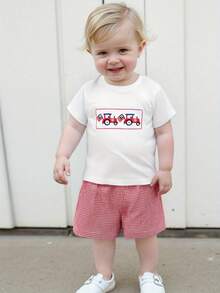 Toddler Baby Boy Summer 4th Of July Outfit American Flag Truck Short Sleeve T-Shirts Plaid Elastic Waist Shorts 2 Piece Summer Set - White - View 4