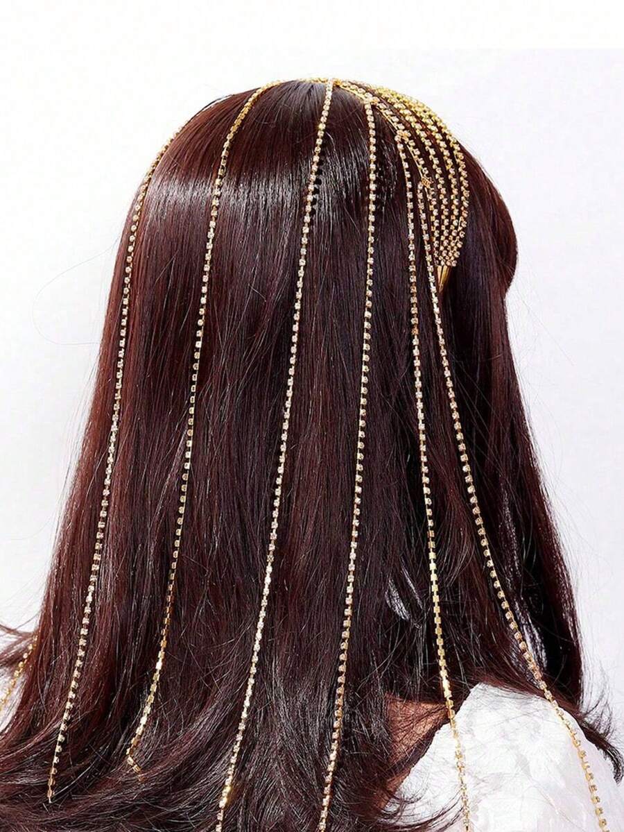 1 件时尚闪亮水钻分层流苏链头带，夸张设计优雅派对发饰，女士发带，发箍 - 彩色 - 查看 1