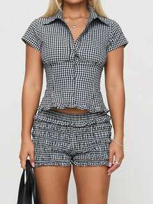 Women's Summer Plaid Print Shirt, Short Sleeve Turn Down Collar Button Down Slim Fit Blouse - 黑色 - 查看 2