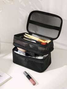 1pc Embroidery Customization Double Layer Mesh Cosmetic Bag With Zipper, Transparent Net Cosmetic Bag With Handles, Multifunctional Makeup Organizer, Lightweight And Breathable Toiletry Storage Bag, Ideal For Daily Use Or Trips,All-Purpose,Large Capacity,Versatile,Multifunction,Colorful,Cute,Adorable,Contracted,Funny,Kawaii,Y2K,Minimalist,Commuting,Business Casual,Basics,Custom,Personalized,Unique,Customized,Ideal Gifts For Him,Ideal Gifts For Her,Her,Family,Friends,Girlfriend,For Anniversaries,For Birthdays,For Holiday/ Vacation,For Outdoors/Outings/Travel/Hiking/Stadium/Sports/Climbing,For Business/Commute/Work/Office,School Supplies,Back To School,School Gift,For Office,For School,For Classroom,For Teacher Gifts,For University,For Colleague,For Dorm Rooms,For Teacher,For Boys And Girls,For Teenagers,Junior High School Students,Middle School Students,High School Senior High School Students,College Students,University Students,Freshman,Sophomore,Underclassmen