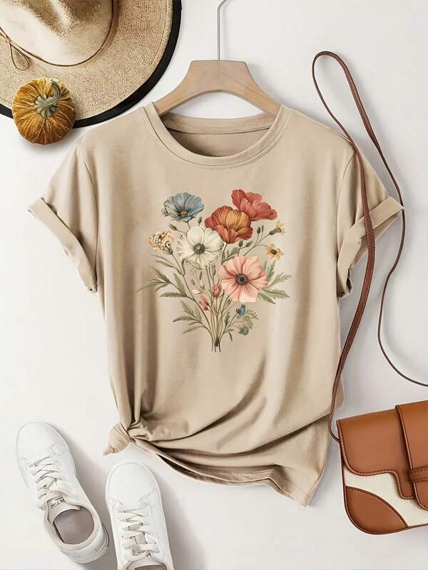 Floral Print Short Sleeve Round Neck Casual T-Shirt For Women, Business Casual Style, Regular Length, Suitable For All Seasons, Teacher Outfit