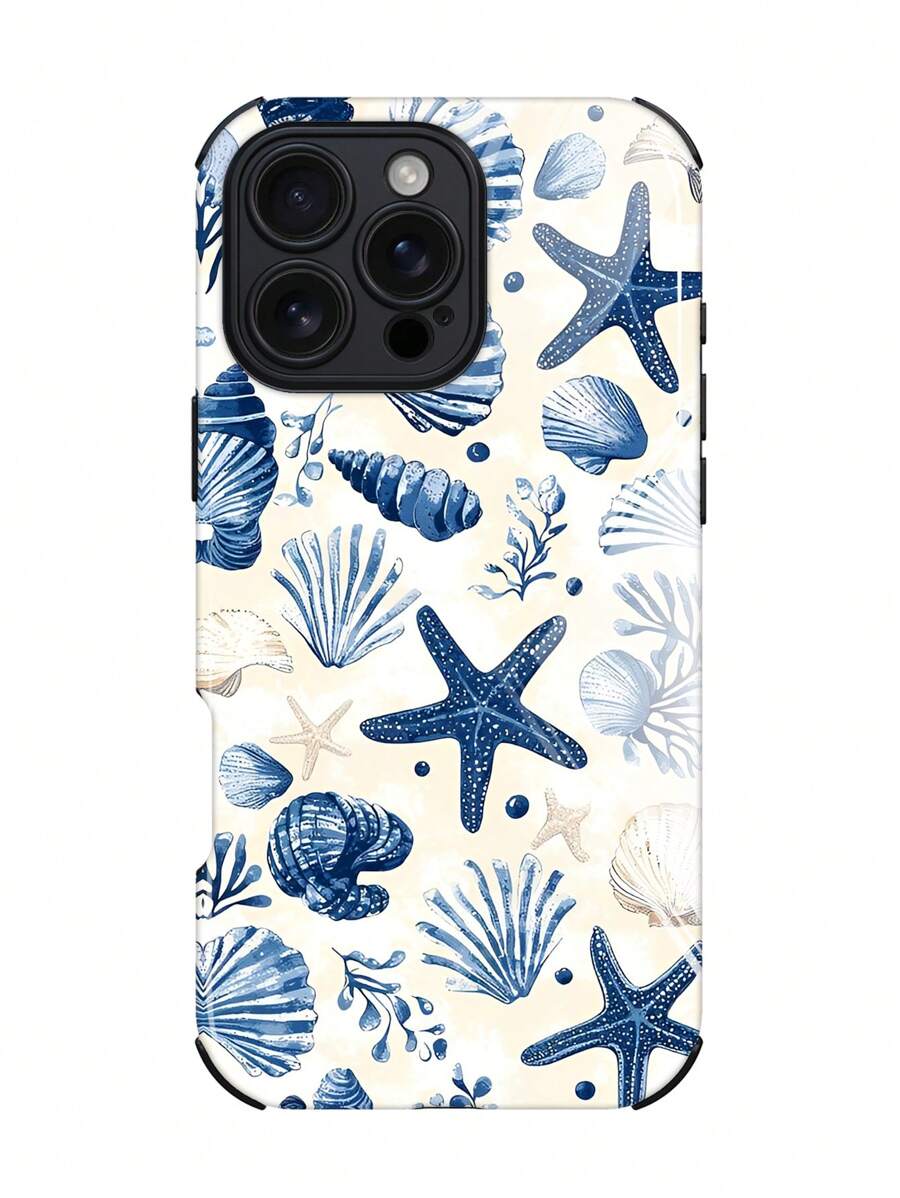 1 stuk nieuw ontwerp romantisch oceaanthema schelp- en zeesterrenpatroon schokbestendig anti-val zacht TPU + PC 2-in-1 materiaal telefoonhoesje compatibel met Apple 16/16Plus/16Pro/16ProMax