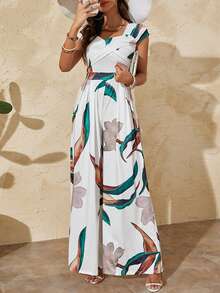 ChicMe Women's Off-Shoulder Botanical Print Jumpsuit, Elegant Wide-Leg Jumpsuit, Suitable For Office, Cocktail Party And Other Occasions Summer - Green - View 5