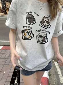 全新夏季女式独特设计字母和小猫图案印花圆领休闲百搭短袖 T 恤