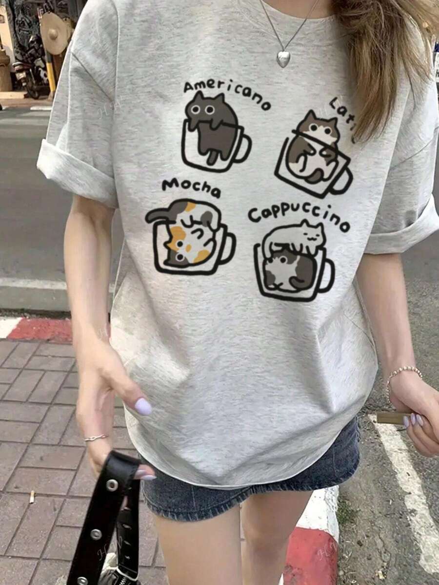 全新夏季女式独特设计字母和小猫图案印花圆领休闲百搭短袖 T 恤