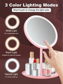 1 pieza Espejo de maquillaje LED con aumento 5X, luz ajustable a 3 colores con control táctil, giro de 90°, recargable - Espejo de tocador/viaje portátil, regalo perfecto para mujeres/madres - Multicolor - Ver 2