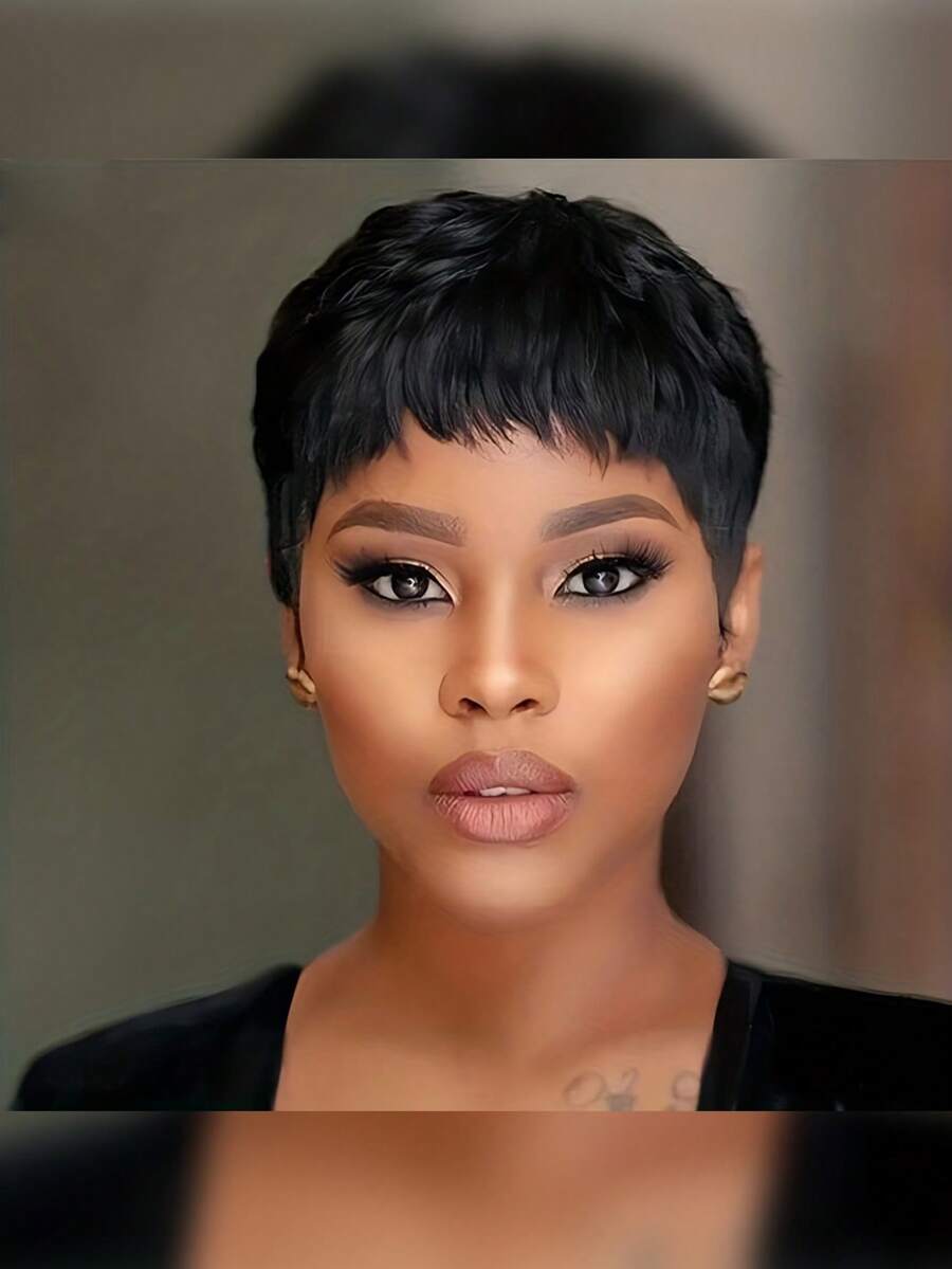 Pixie Cut Wig With Bangs Natural Short Black Synthetic Pixie Layered Hairstyles Wigs For Women
