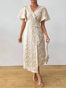 Women's Elegant Jacquard Crossover V-Neck Ruffle Sleeve Deconstructed Dress - Khaki - View 1