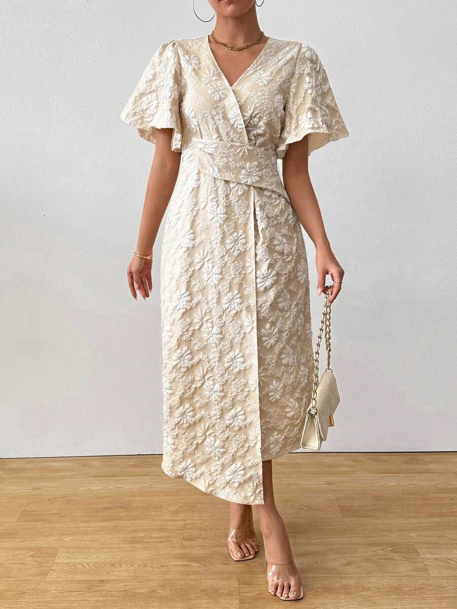 Women's Elegant Jacquard Crossover V-Neck Ruffle Sleeve Deconstructed Dress - Khaki - View 1