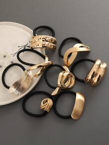 1 件金属光滑纹理椭圆形手工抛光拉丝几何图案派对锌合金发带配件，全年马尾辫固定器发圈发圈橡皮筋发绳弹性发带 - 彩色 - 查看 4