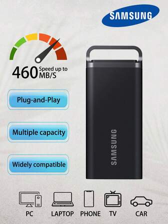 Samsung 便携式 SSD 黑色 T5 EVO 2TB/4TB/8TB 高速外置硬盘固态硬盘 兼容笔记本电脑台式机