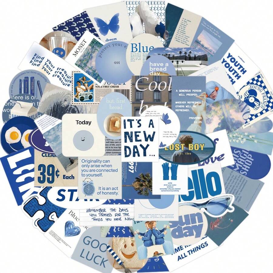 57張藍色涂鴉貼紙，極簡風格裝飾貼紙，防水貼紙，適用於手帳、日記和行李 - 藍色 - 查看 1