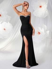 ADYCE 女士露肩无肩带V领长款舞会礼服，水钻装饰露背开衩系带长款正式礼服，晚礼服，适合晚餐、俱乐部、舞会、宴会、派对、新年等场合。 - 黑色 - 查看 9