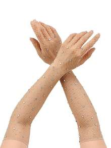 1pair Mesh Long Gloves Party Dress Up Fishnet Gloves Dance Costumes Photography Props Performance Gloves Gifts, Mesh Long Gloves Party Skirts Dressing Up Fishnet Gloves Photography Props Punk Hip Hop Show Gloves Party, Sexy Stretch Rhinestones Mesh Gloves Diamond Full Finger Gloves Fishnet Gloves