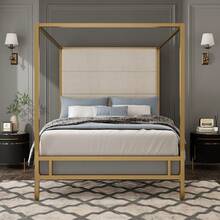 MERAX Modern Gold Canopy Bed With Tall Linen Fabric Upholstered Headboard Metal 4-Poster Bed Frame, Box Spring Needed, Queen - Vàng + Nâu (Cỡ Queen) - Xem 2