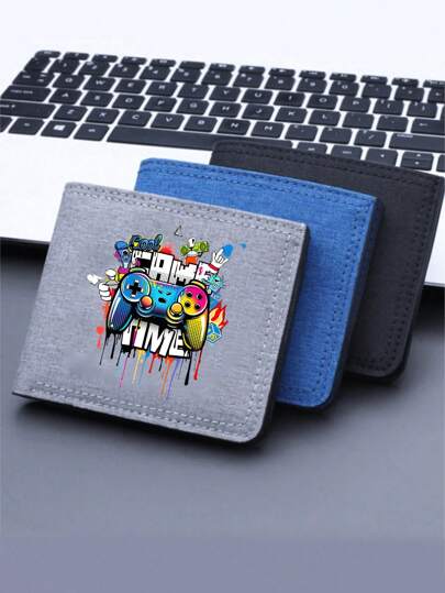 1pc Cartoon Colorful Game Controller Pattern Printed Canvas Wallet, Niche Design Multi-Card Slot Wallet, Double Wallet With Credit Card Holder, Lightweight And Portable Multi-Card Slot Wallet, Perfect Gift For Teenagers