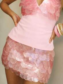 Women Y2K Sparkle Sequin Mini Skirt Glitter Low Waist Tie-Up Pencil Skirt Sexy Festival Rave Short Skirts Clubwear - Hồng - Xem 4