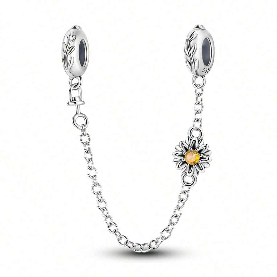 Sunflower Safety Chain Charm Beads 925 Sterling Silver Luxury Pendant For Bracelet Necklace Women Dangle Fine Jewelry Birthday Gifts - Silver - View 1