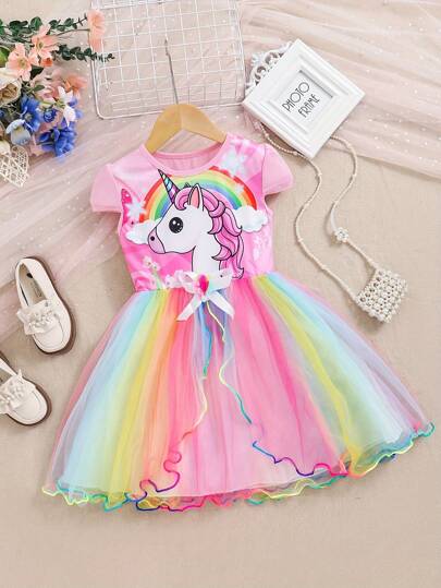 coviviky Young Girl Unicorn & Floral Print Short Sleeve Knee-Length Tulle Rainbow Decorated Dreamy Princess Dress, Summer
