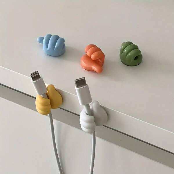 1/5/10pcs Thumb-Shaped Cable Organizer Clips, Suitable For Home, Kitchen And Bedroom. Adopts Adhesive Hook Design, Available In Yellow, Blue, White, Green And Other Colors. Made Of Plastic Material, Ideal For Organizing Charging Cables, Small Accessories And As Cord Fixers, High-Quality Organizer For Desks And Drawers.