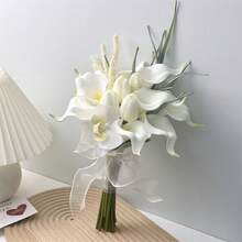 玫瑰与马蹄莲新娘捧花，人造花卉装饰，适用于婚礼、庆典、周年纪念、新娘礼物 - 白色 - 查看 7